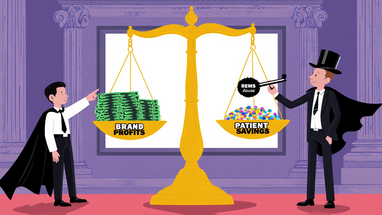 Courtroom scale tilted toward brand profits, FTC agent fights back, cartoon style