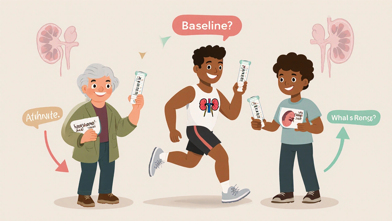 Diverse patients holding personalized CK test strips with baseline levels shown next to normal ranges.