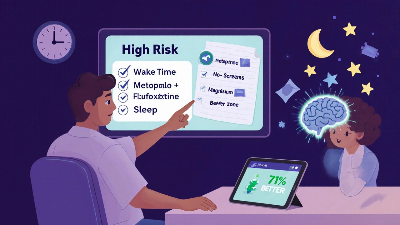 Doctor and patient reviewing a personalized sleep risk score on a screen, with a sleep app showing improvement.