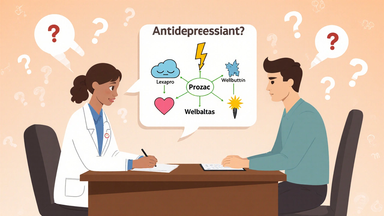 Doctor and patient reviewing antidepressant options with cartoon icons on a desk in a cozy office.