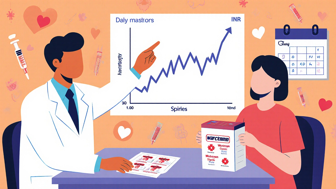 Doctor and patient reviewing INR graph at clinic, with multiple generic warfarin brands visible on pharmacy bag.