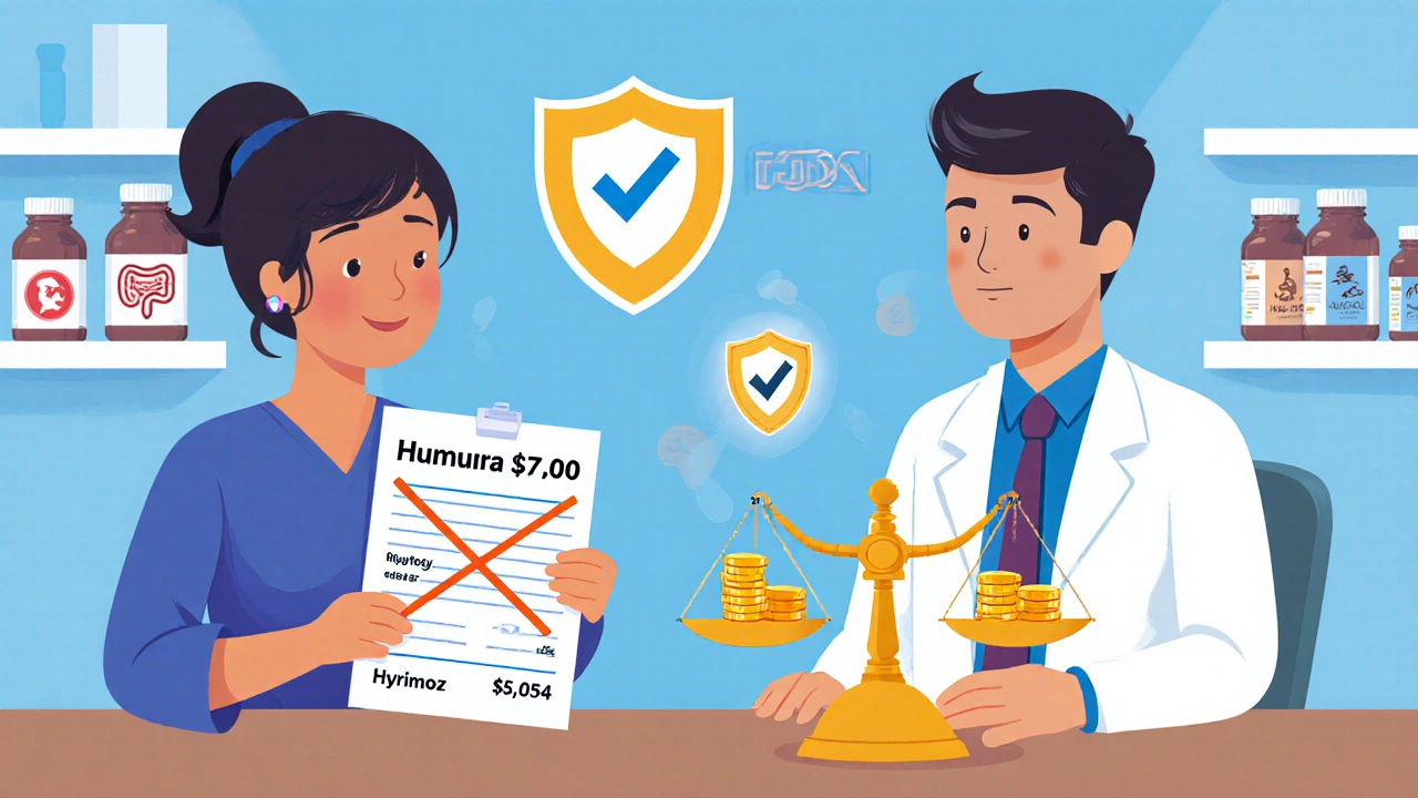 Doctor and patient reviewing prescription savings from Humira to its cheaper biosimilar alternative.