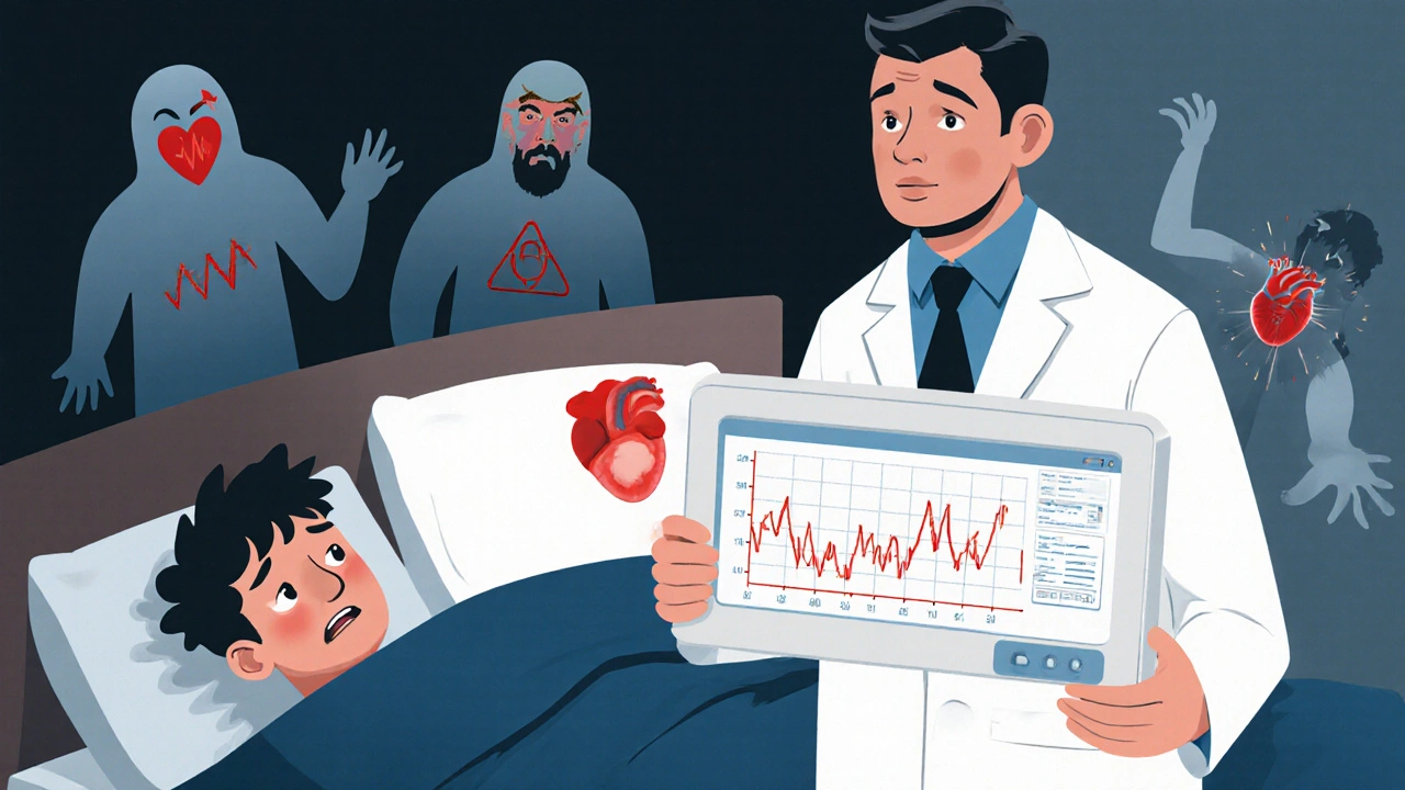 Doctor holding sleep monitor while shadowy heart dangers emerge from under the bed.