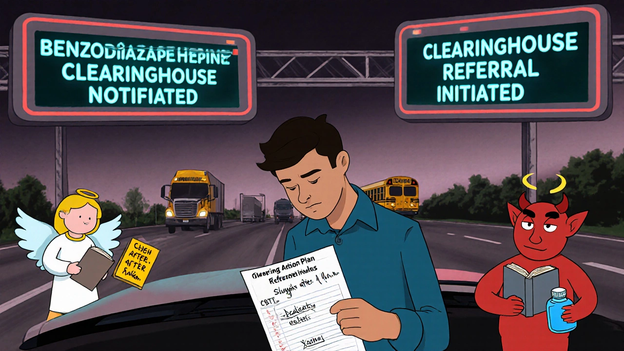 Driver at checkpoint with digital alerts, holding medication plan, angel and devil representing choices.