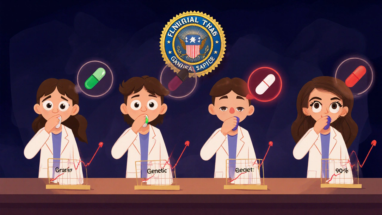 Four volunteers in a clinical trial taking different drug formulations, with blood level graphs between 90% and 111% boundaries.