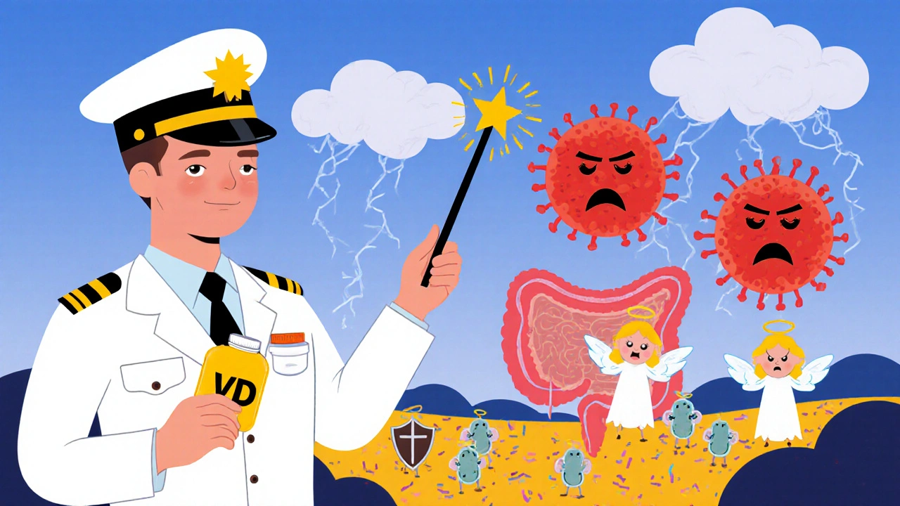 Friendly immune soldier using vitamin D to calm inflammatory cells in the gut.