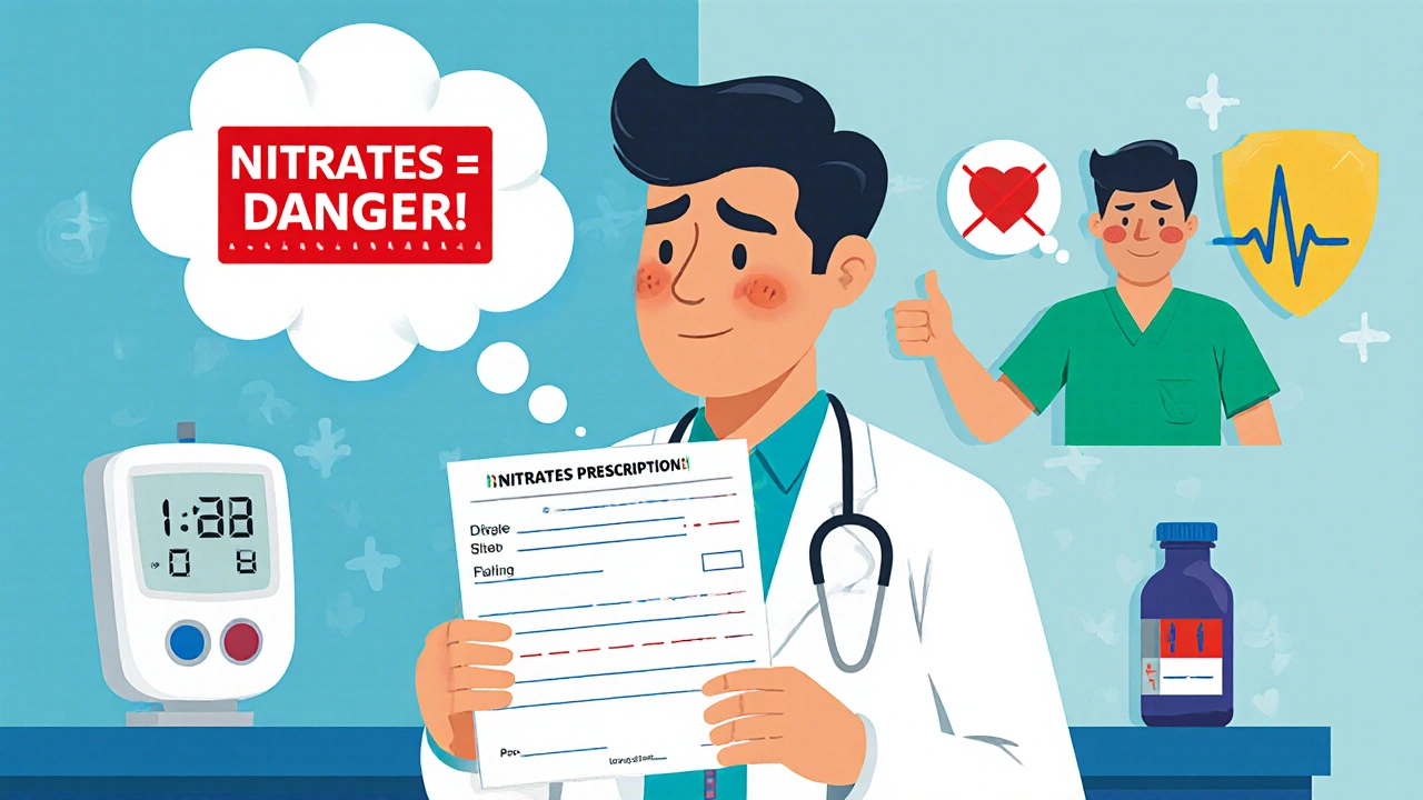 Man in doctor’s office with warning symbol for nitrates and contrasting healthy vs side effect scenes.