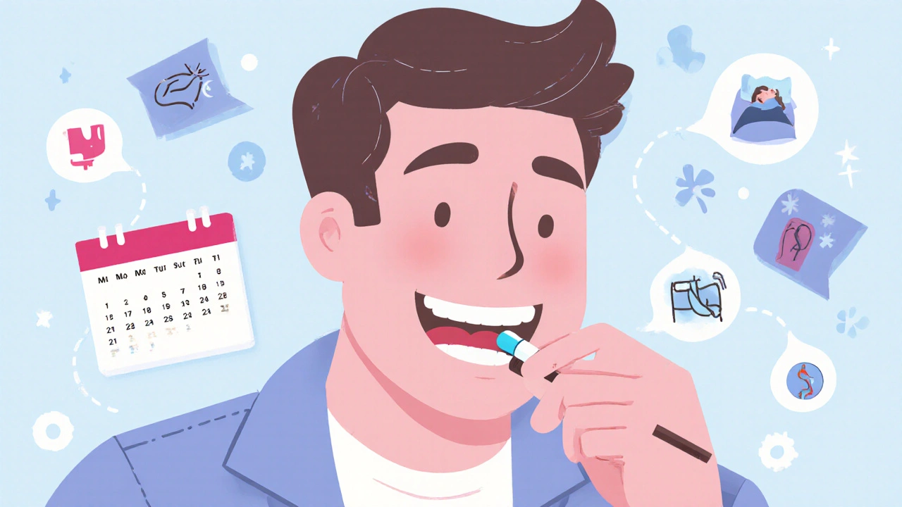 Man taking daily 5mg tadalafil pill like a morning routine with health icons around him