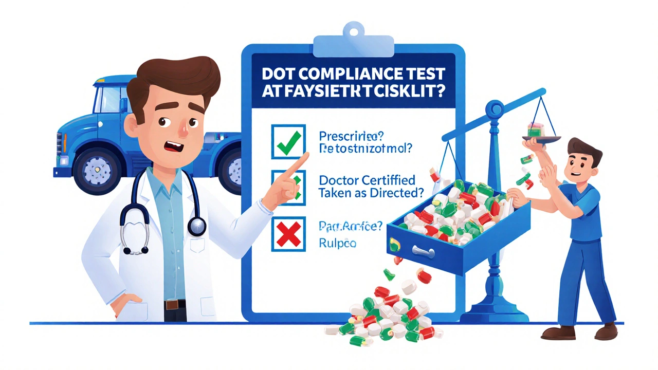 Medical examiner checking a compliance list with driver holding medications, glowing safety checklist in background.