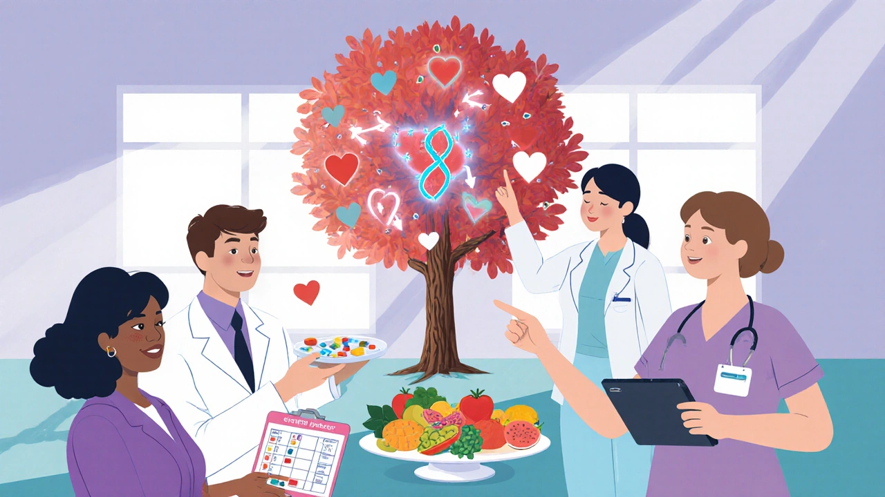 Multidisciplinary team helping patient with statin intolerance using diet, tracking, and genetics.