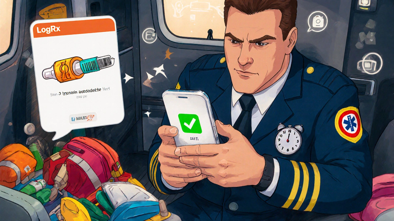 Paramedic scanning a medication with a smartphone app showing a 2-day expiration warning.