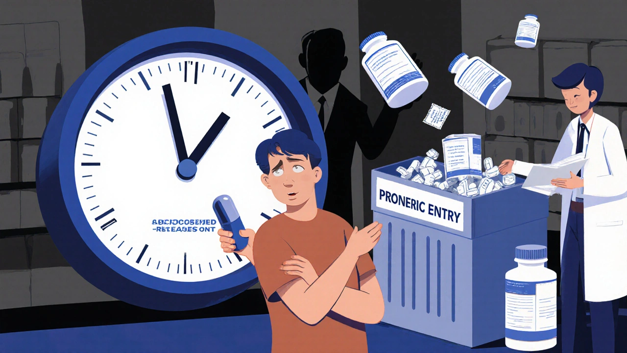 Patient confused by new drug capsule while old version is shredded, cartoon style