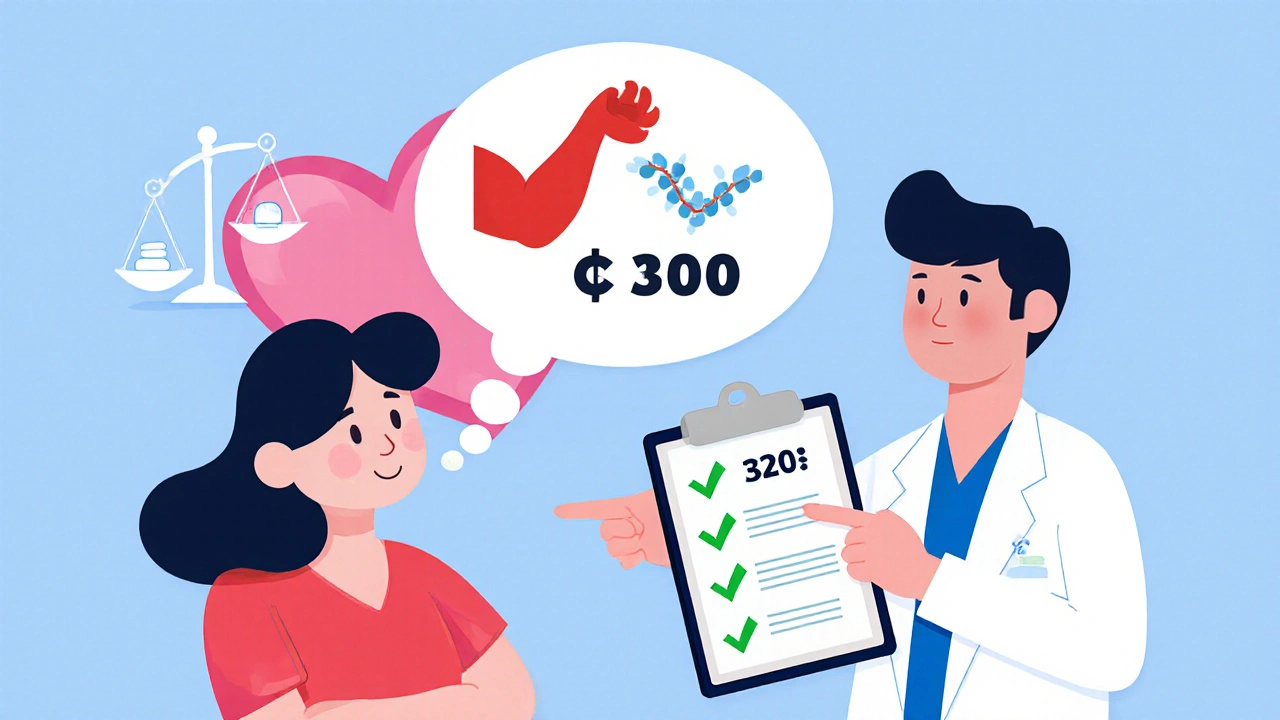 Patient hesitating to take statin, thought bubble shows high CK level compared to prior baseline.