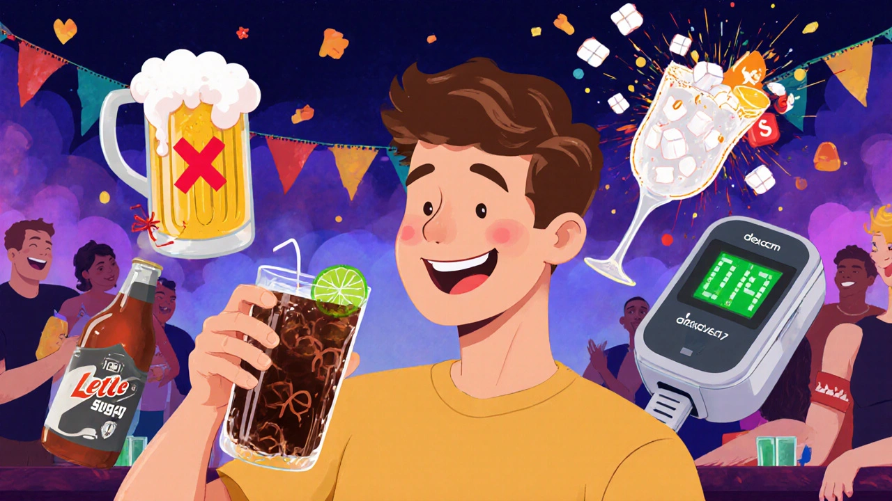 Person at party drinking safe beverage, with dangerous drinks marked by Xs and safety monitor glowing.