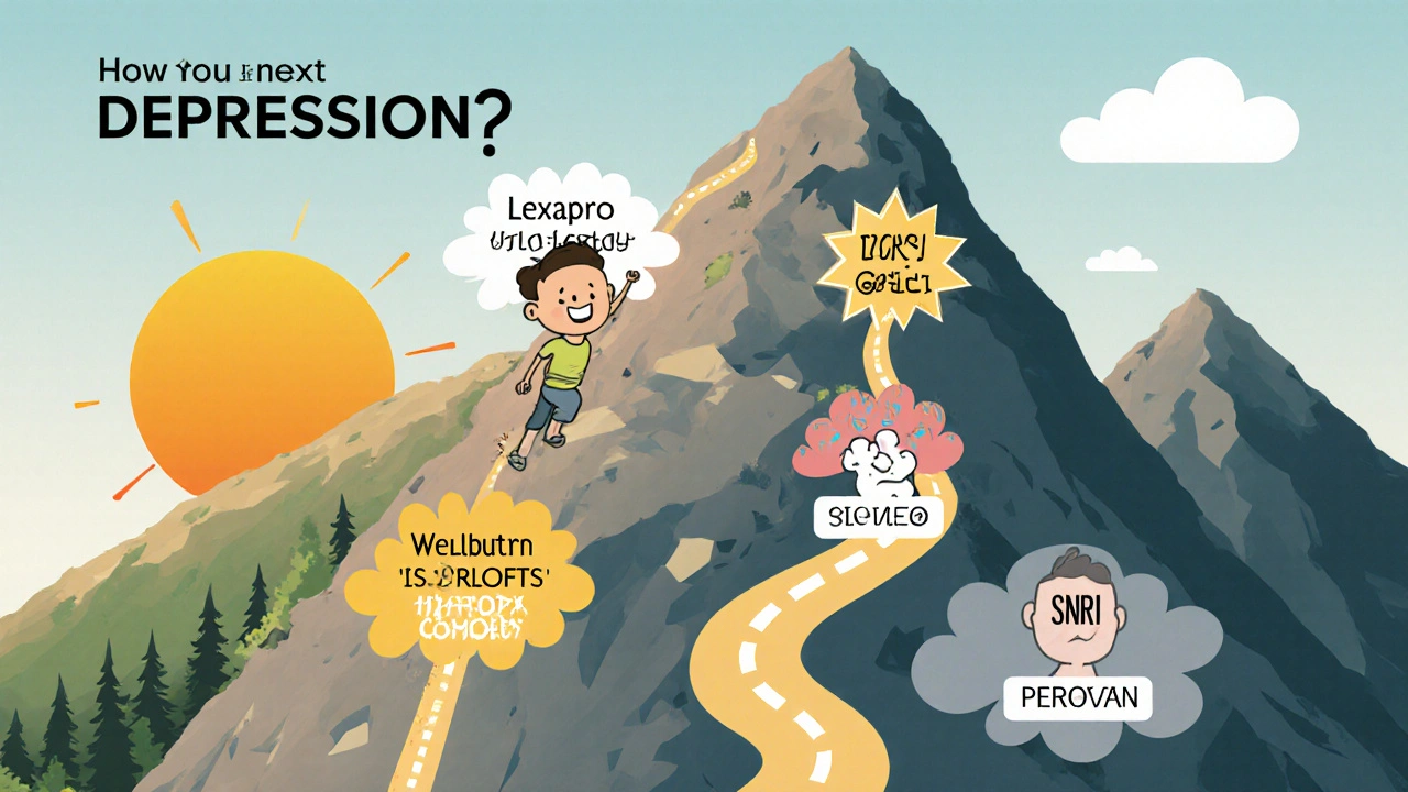 Person climbing a mountain with paths labeled by antidepressants, sunrise in background.