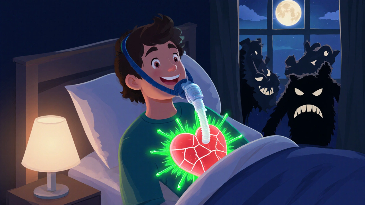 Person using CPAP mask as healing energy repairs their heart in a peaceful night scene.