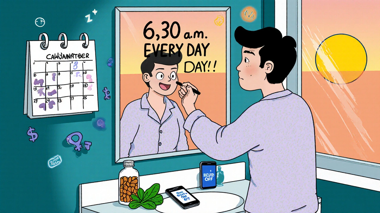 Person writing a fixed wake time on a bathroom mirror, with almonds, spinach, and a phone showing blue light off.