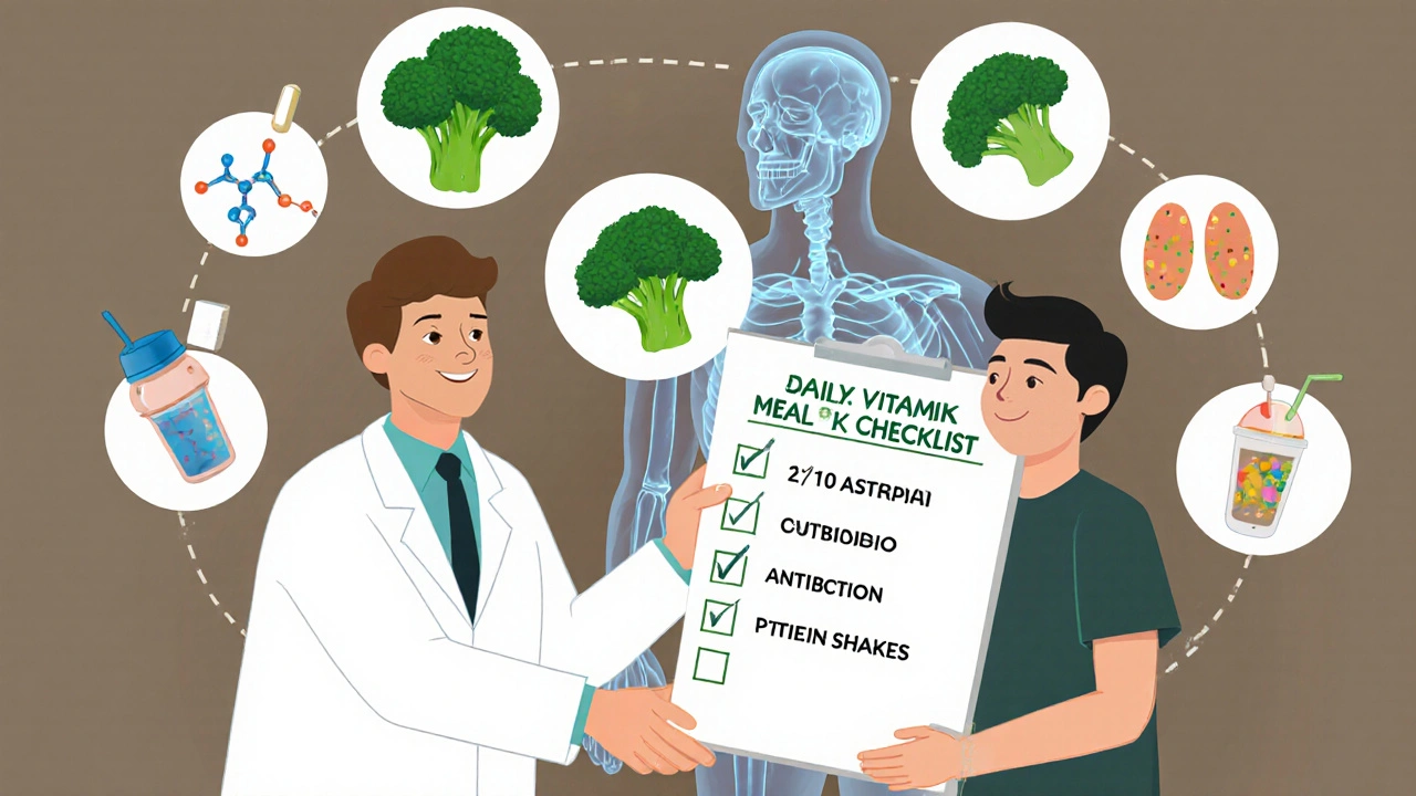 Pharmacist giving meal plan checklist with icons of foods and warfarin interactions.
