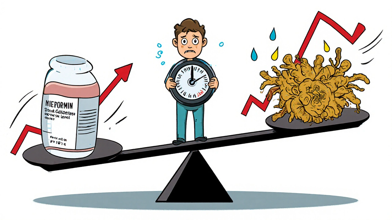 Seesaw balancing metformin and goldenseal with fluctuating blood sugar levels