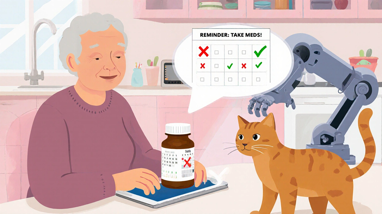 Senior citizen using a tablet to check pill expiration dates with a helpful cartoon robot assistant.