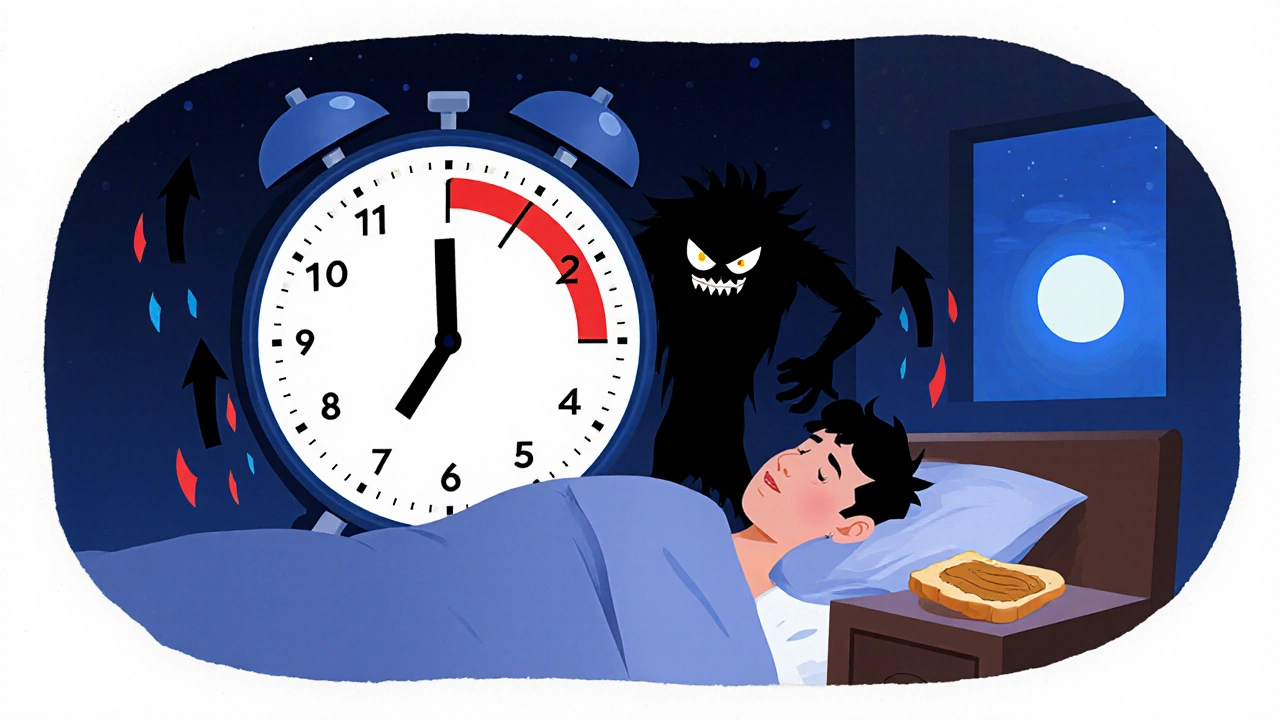 Sleeping person with falling glucose levels and warning clock above, snack on nightstand.