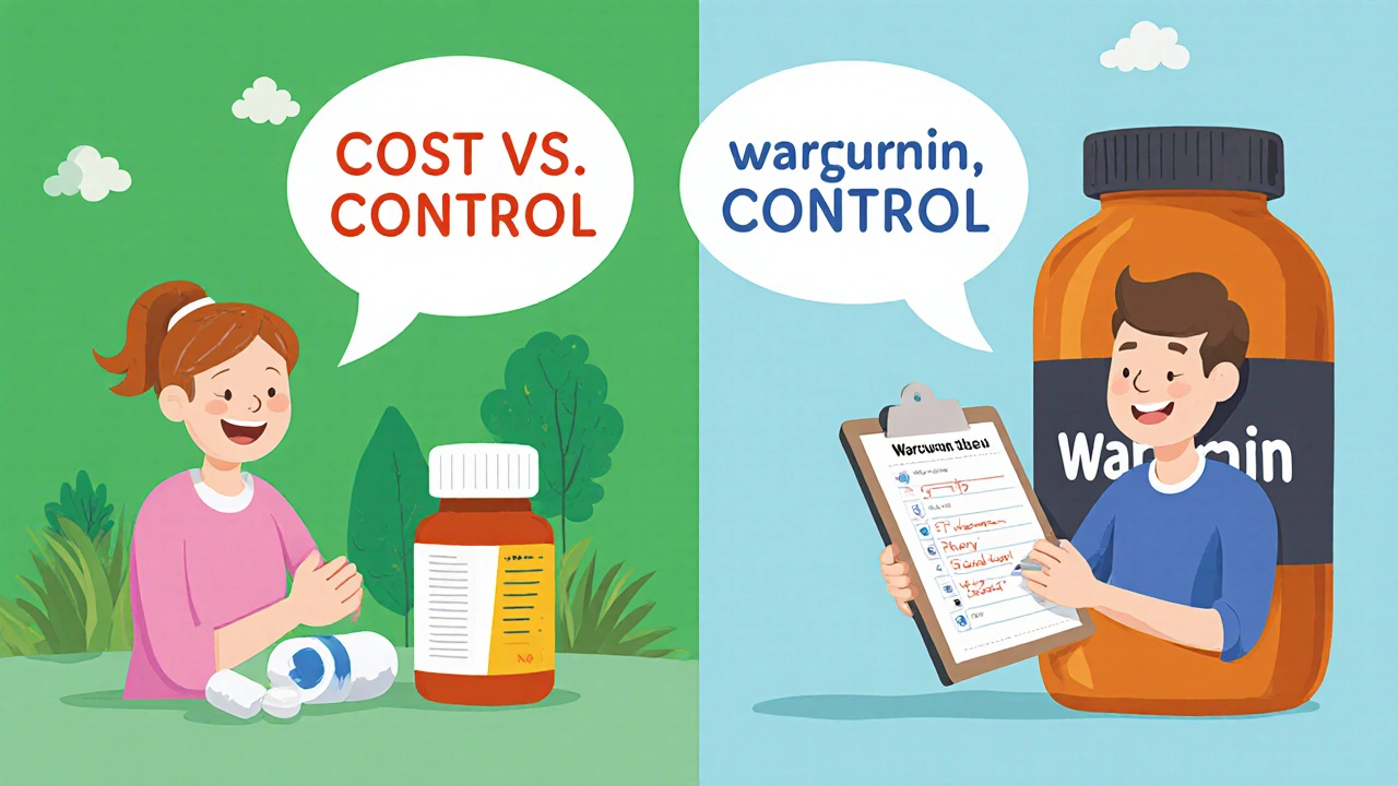 Split cartoon scene: one side shows easy DOAC use, other shows detailed warfarin monitoring with logs and meter.