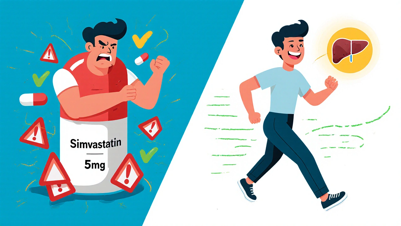 Split scene: person in pain from daily statin vs. person healthy on intermittent dose.