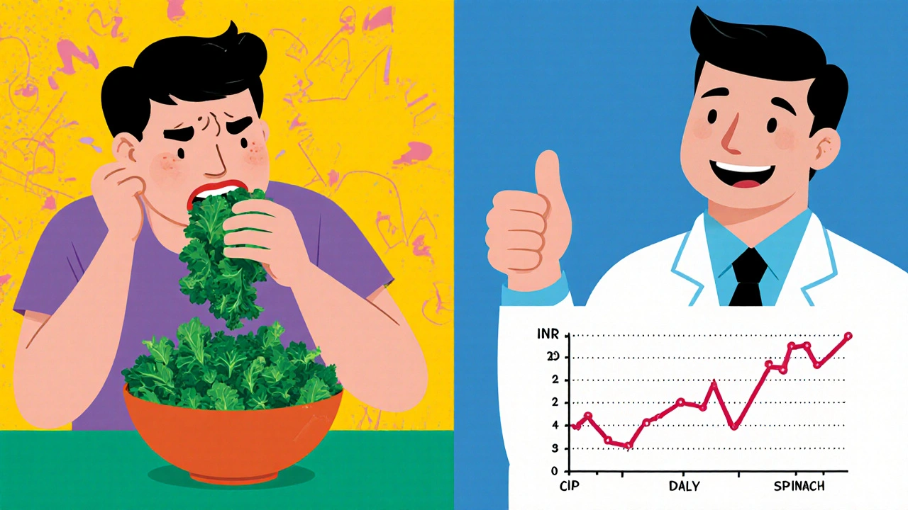 Split-screen: chaotic kale meal vs. steady spinach routine with INR graph comparison.