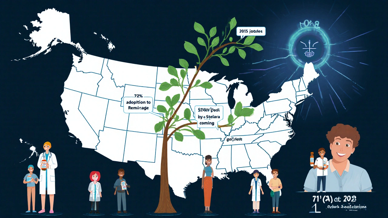 Timeline illustration of biosimilar growth in adoption and savings leading to 2027 with patient icons.