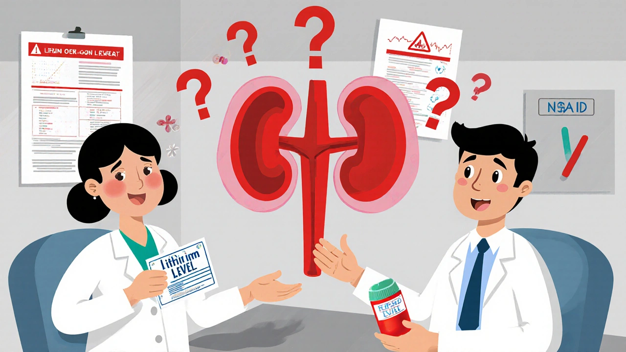 Two doctors argue over lithium and NSAID prescriptions with a giant red kidney-shaped warning sign between them.