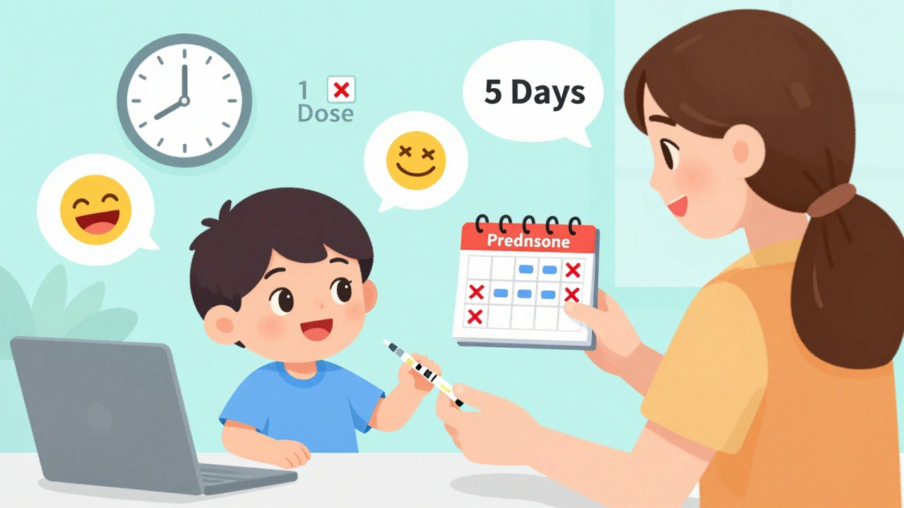 A child gets one dexamethasone shot while a parent holds a five-day prednisone calendar, smiling in relief.