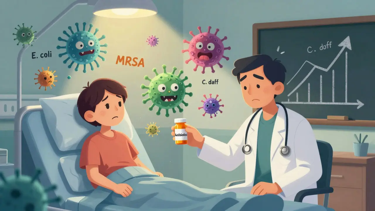 A doctor gives antibiotics to a patient while dangerous bacteria multiply into monsters in the background of a hospital room.