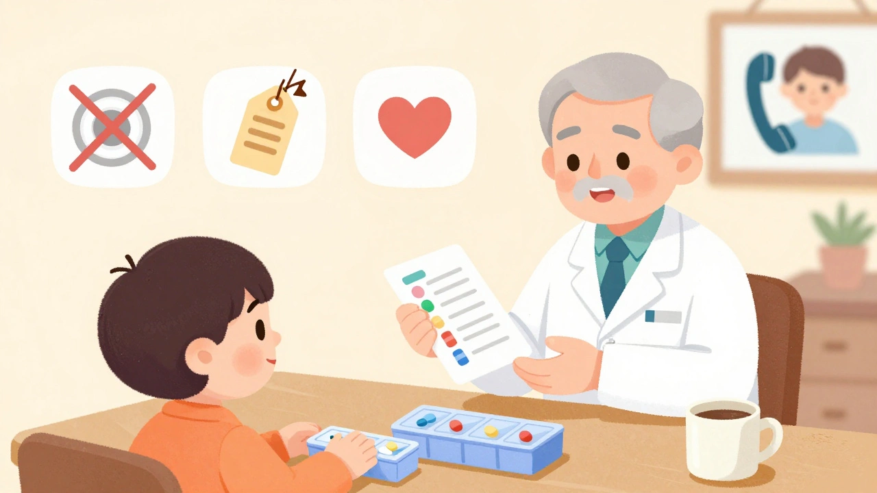 A pharmacist and grandchild helping an older adult simplify medications with a pill organizer and coffee mug.