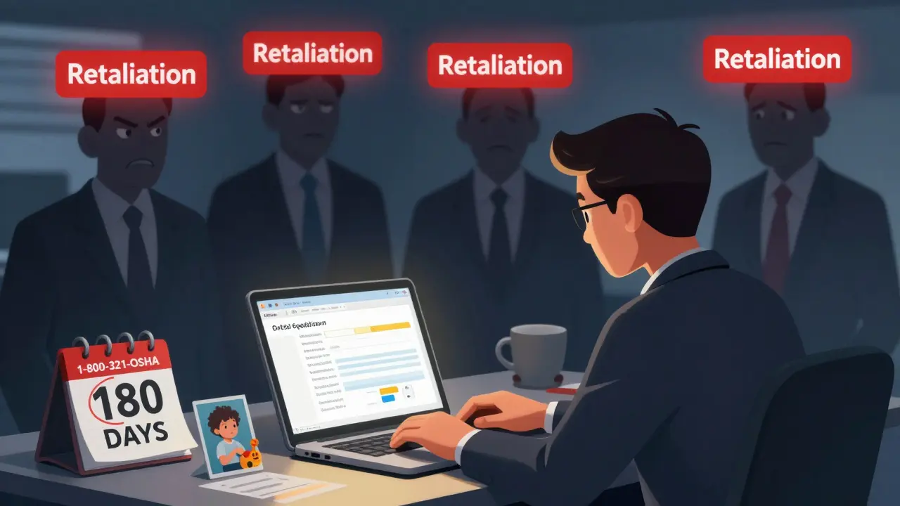 A worker emails a defect report while shadowy managers loom behind, with a glowing OSHA phone and deadline calendar on the desk.