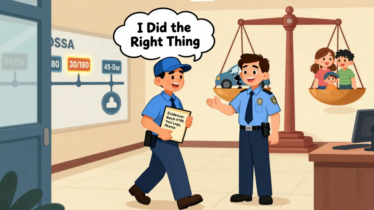 A worker hands evidence to an OSHA inspector as a timeline mural shows key deadlines and a scale balances safety against harm.