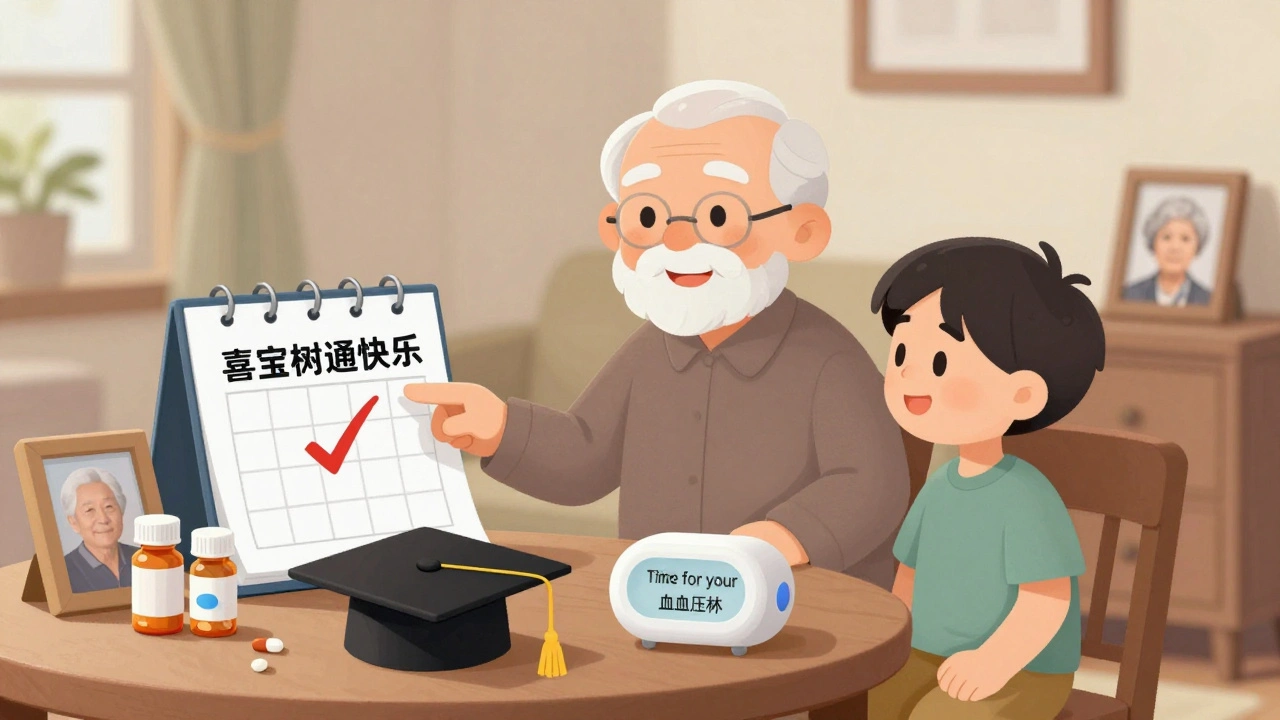 An 82-year-old man smiles with his grandson near two pill bottles and a graduation photo, aided by a voice reminder.