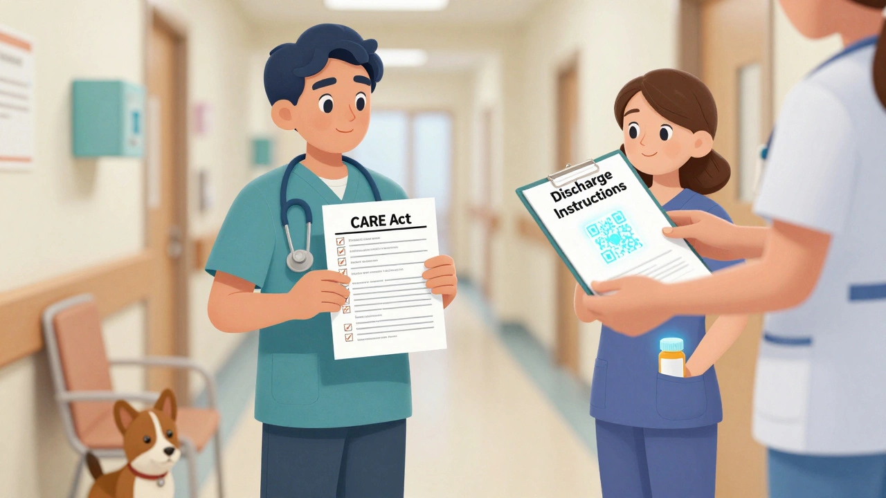 Caregiver receiving a discharge medication plan from a nurse in a hospital hallway, with a lockbox in the background.