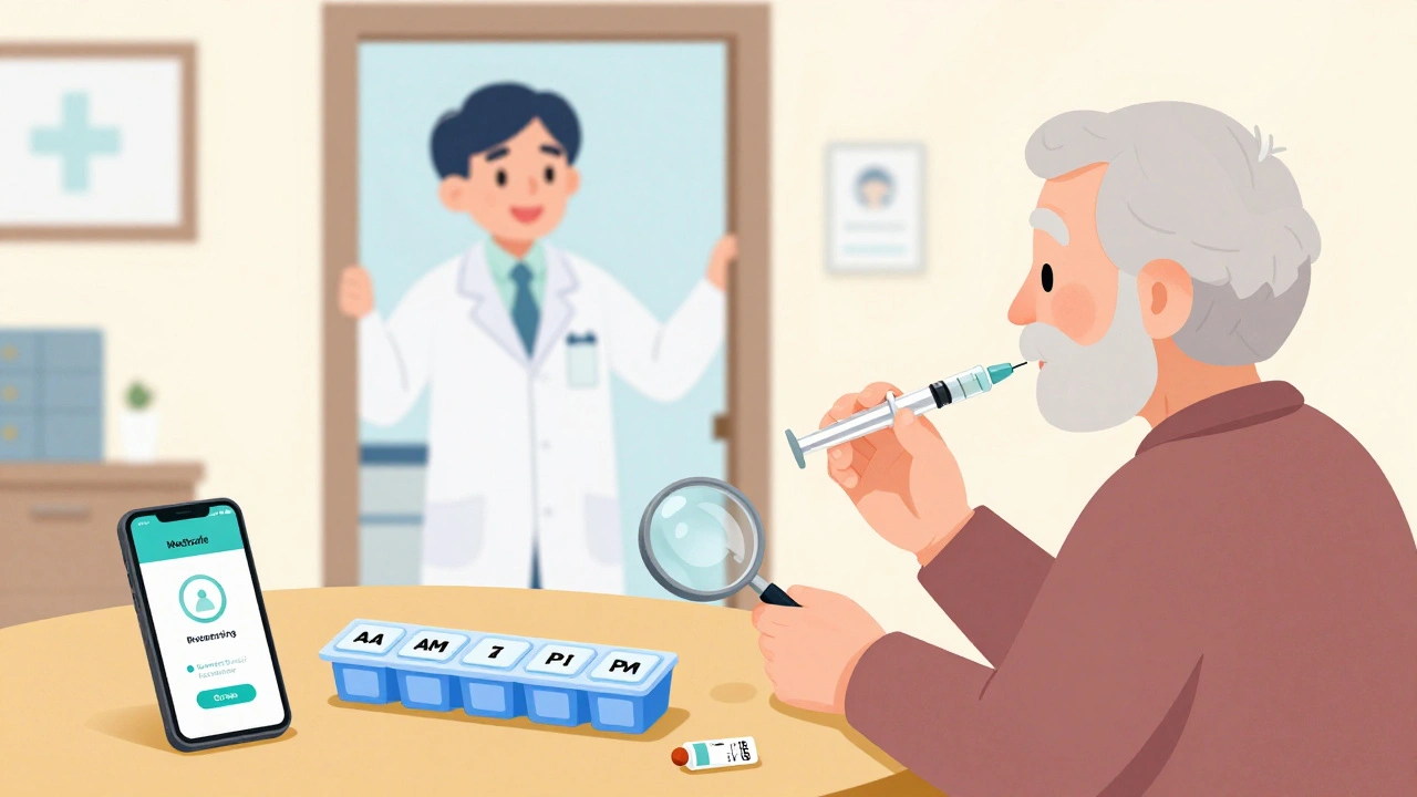 Caregiver using an oral syringe to give medicine while a pill organizer and smartphone reminder are visible on the table.
