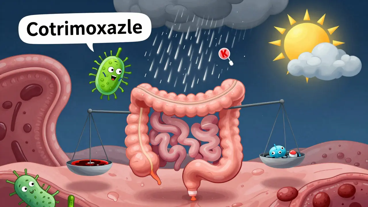Cartoon gut showing bacteria dying and vitamin K disappearing due to antibiotic rain