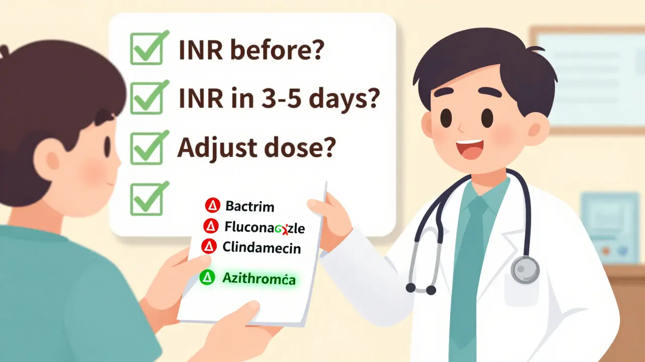 Cartoon patient and doctor comparing antibiotics with red and green warning labels