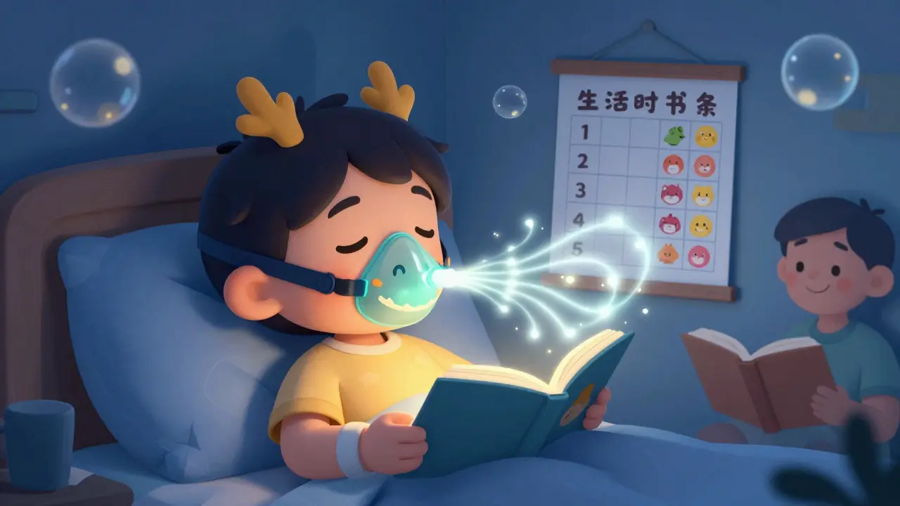 Child wearing colorful CPAP mask with reward chart and parent reading bedtime story