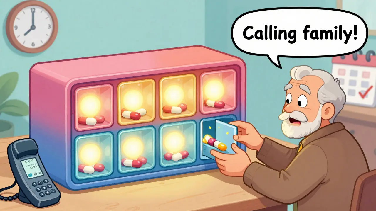 Colorful pill dispenser with compartments opening as an older man takes his medicine.