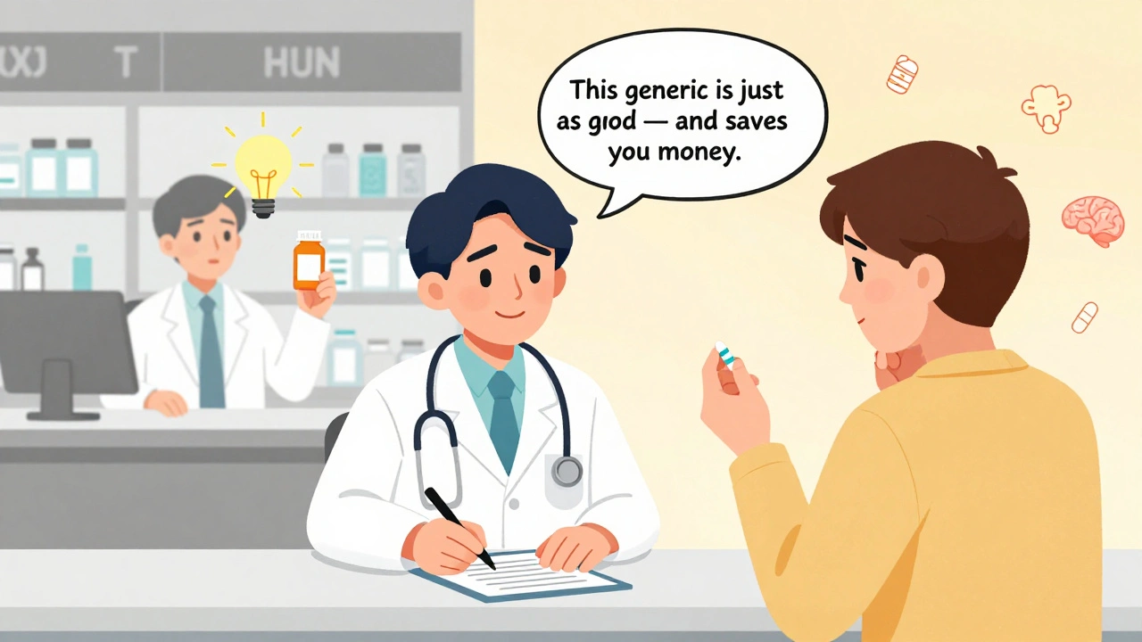 Doctor recommends generic medication while patient and pharmacist show understanding, transitioning from doubt to trust.