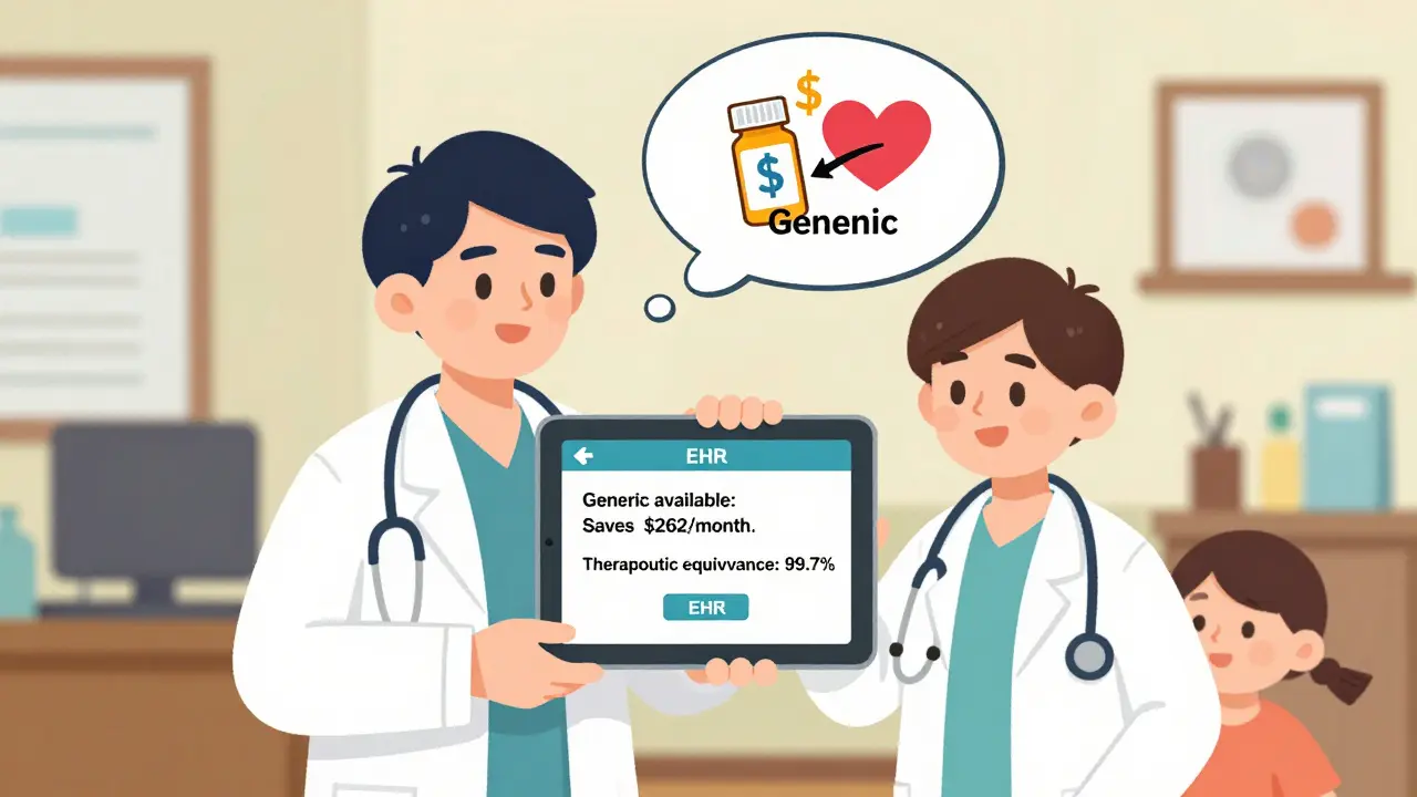 Doctor sees a pop-up alert in their EHR system showing cost savings of a generic medication.