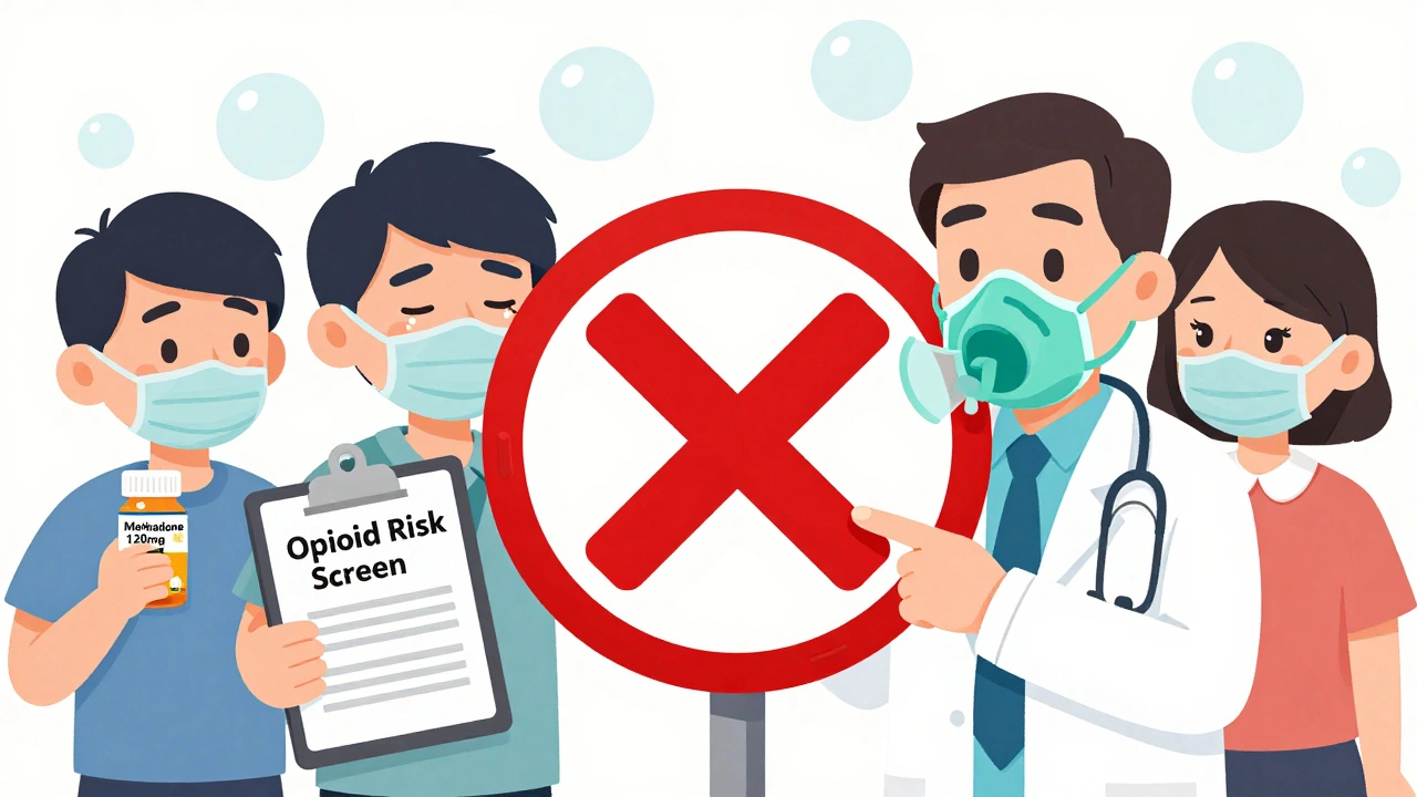 Doctor warning patients about opioid risks with snoring bubbles and low oxygen gauges in background.