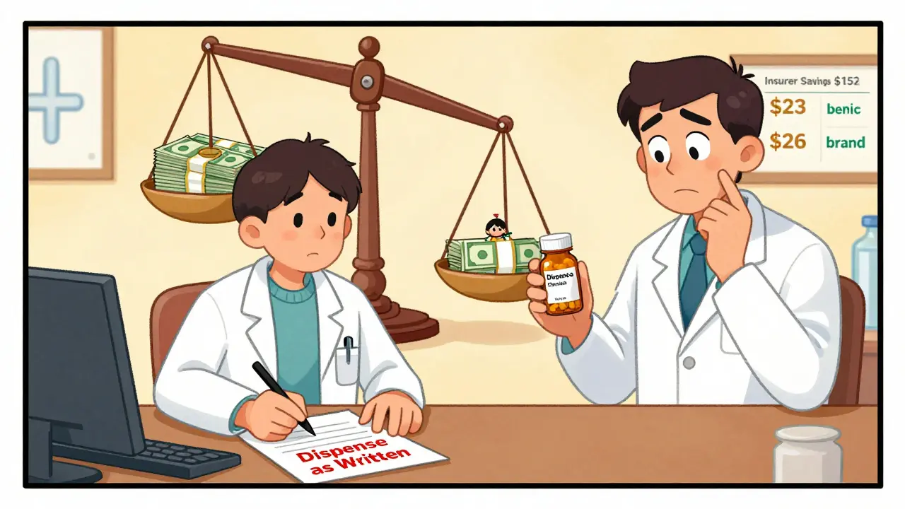 Doctor writes 'Dispense as Written' on prescription while pharmacist holds generic pill, with savings scale in background.