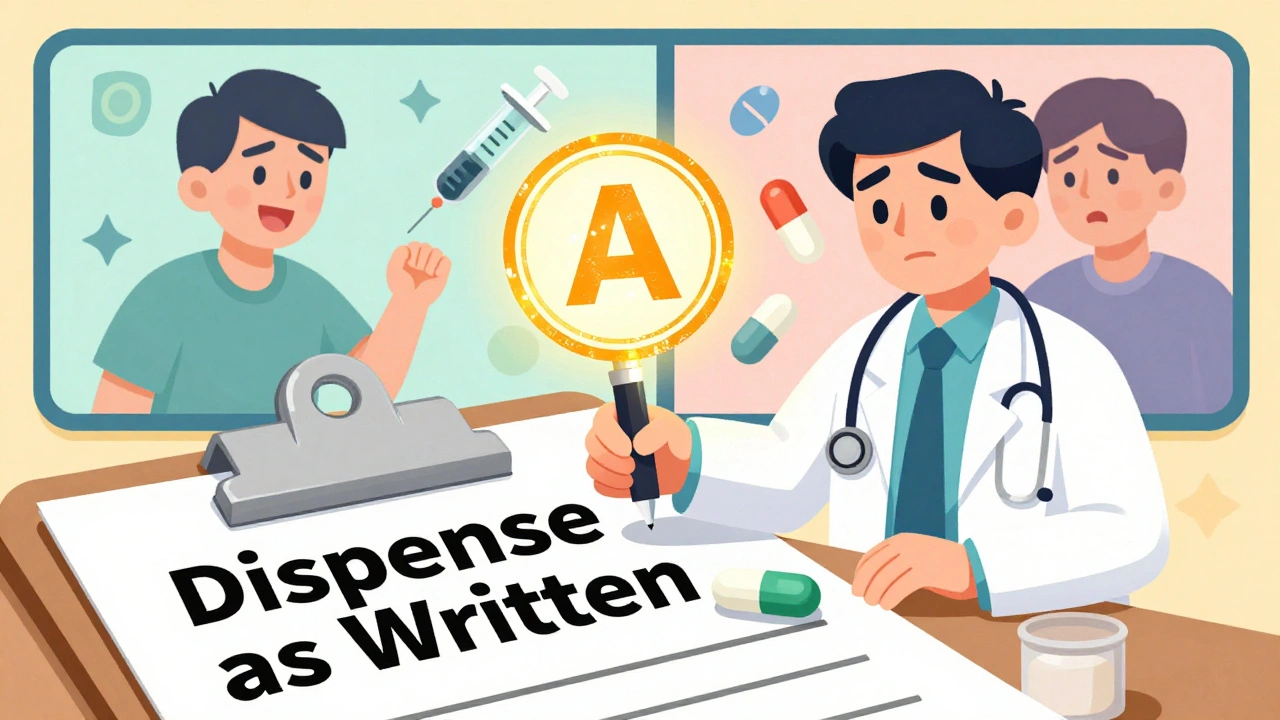 Doctor writes &#039;Dispense as Written&#039; on prescription with FDA &#039;A&#039; stamp glowing above generic pill.