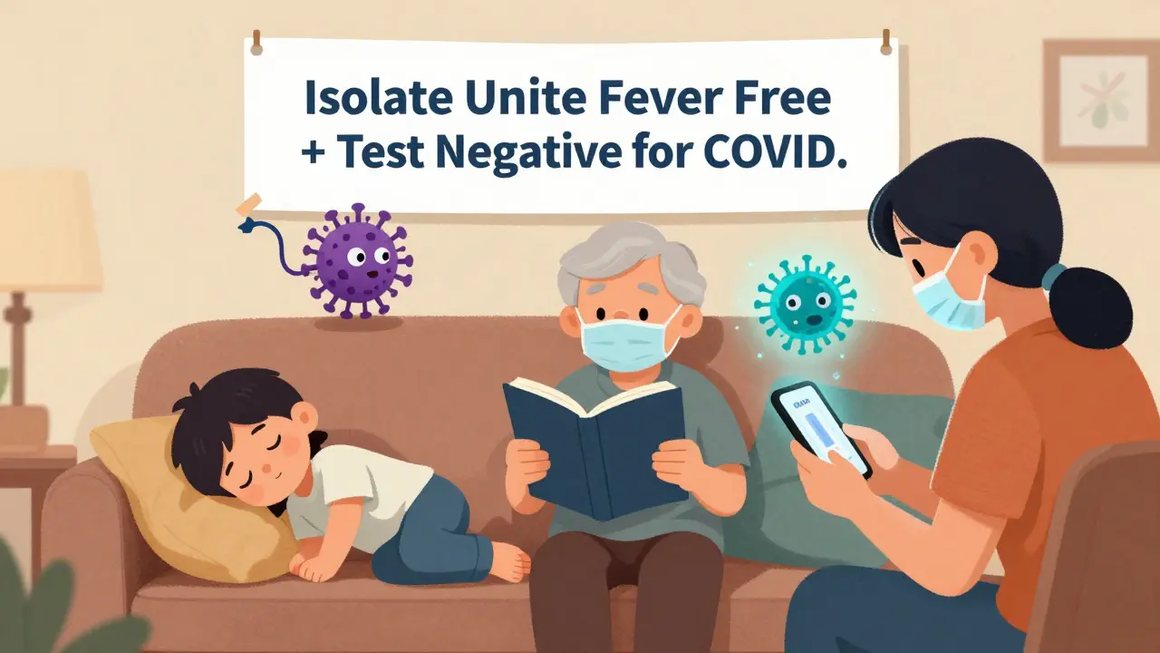 Family at home with a sick child and elderly person, guided by CDC isolation rules and floating viruses.