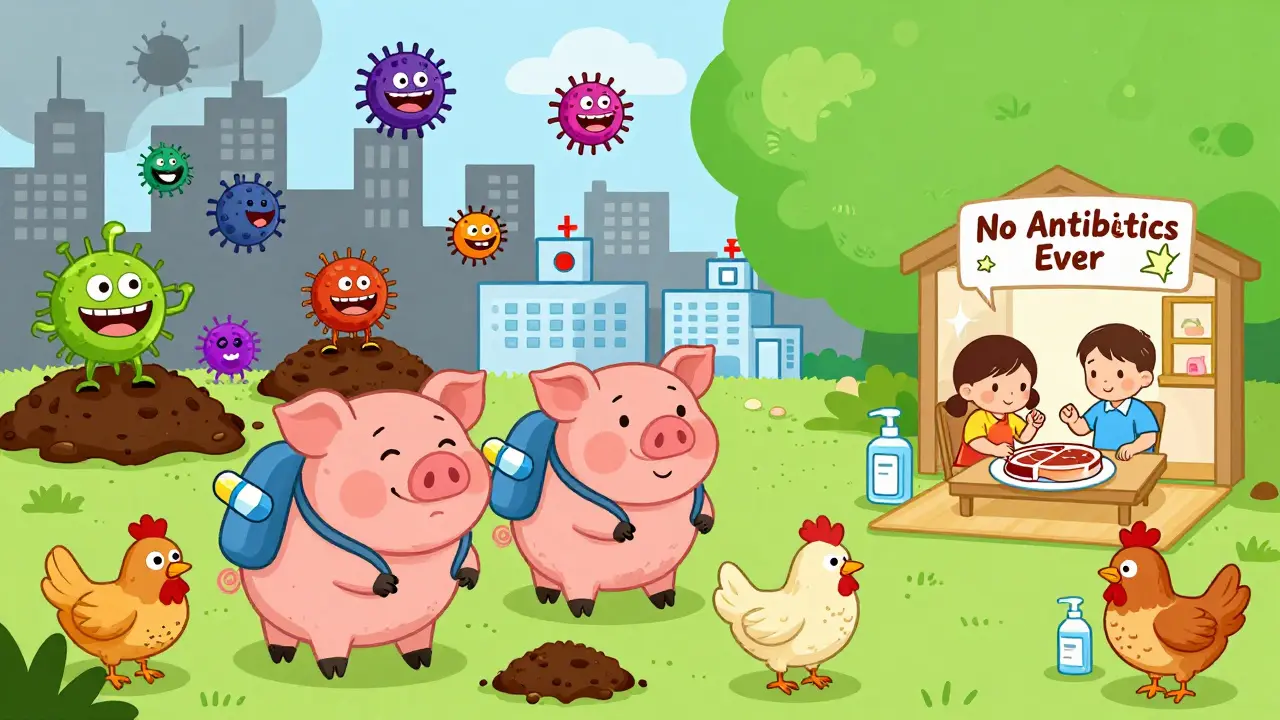 Farm animals wear antibiotic backpacks as sneaky bacteria spread from manure to a city, while a family chooses antibiotic-free food.