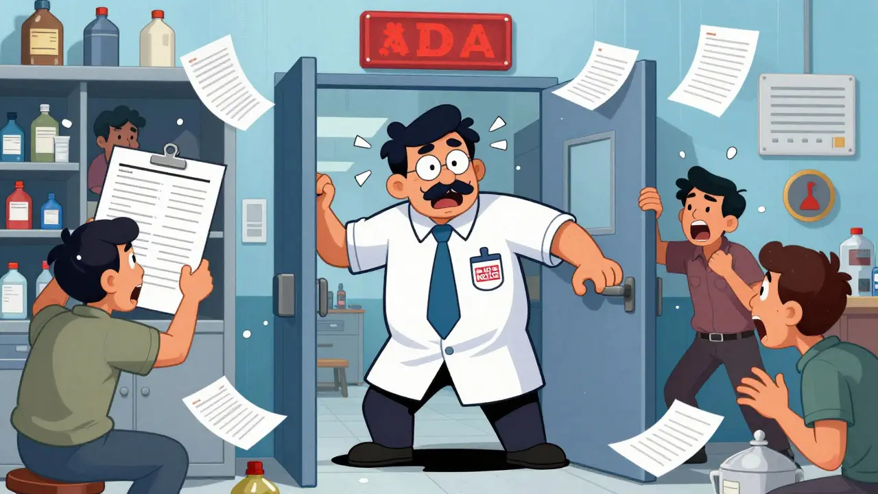 FDA inspector surprises factory workers hiding falsified lab records in a cartoon-style plant.
